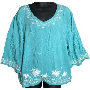 Cute Options Boho Tunic Blouse Women Size M Green Embroidered Floral VNeck Flowy